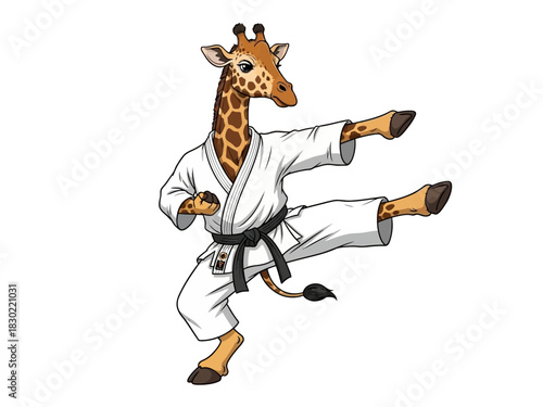 A giraffe wearing a karate uniform, demonstrating a high kick pose.