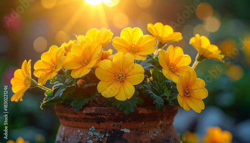 Close-up of bright yellow flowers in a terracotta pot with sun rays image photo