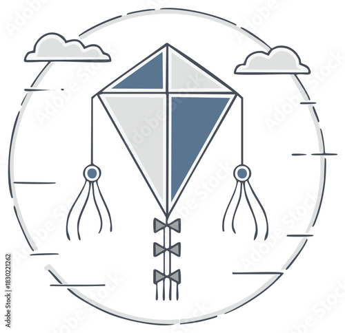 Diamond kite with streamers and bows flying with clouds against a circular frame