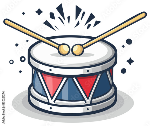 Vibrant cartoon drum with drumsticks colorful red and blue design rhythmic percussion instrument illustration