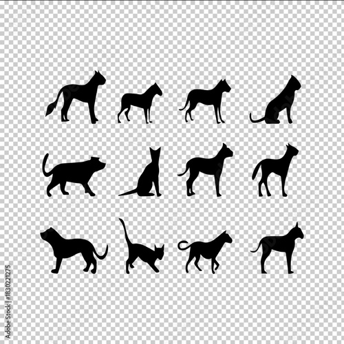 Collection of diverse dog and cat silhouettes in various poses