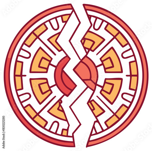 Cracked Round Maze with Geometric Shapes in Pink and Orange Tones Depicting Ruin