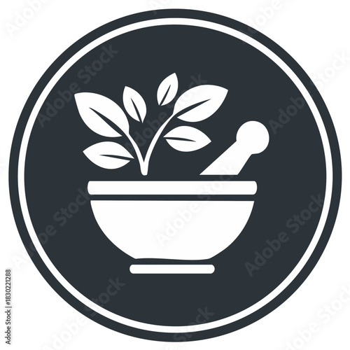 Herbal medicine mortar and pestle with plant icon