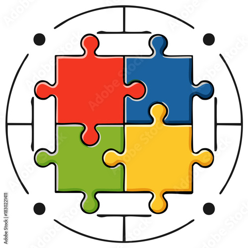 Brightly colored hand drawn interlocking puzzle pieces forming a cohesive square representing connection teamwork and solutions