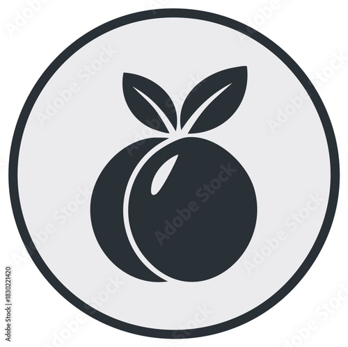 Stylized Dark Peach with Leaves inside Circle Shape Vector Illustration Logo Design Food and Drink Symbol