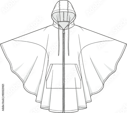 Hooded cape technical sketch, poncho silhouette, front zipper, patch pockets, drawstring hood, cad drawing flat vector illustration