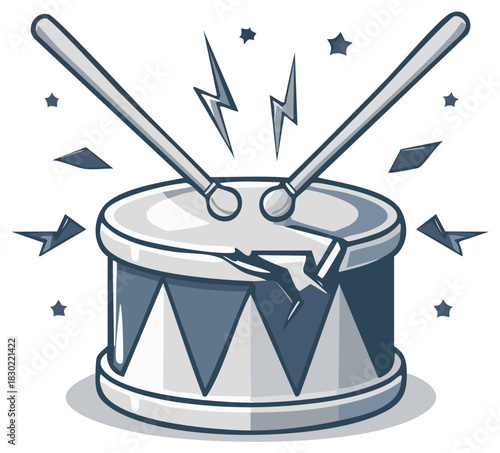Energetic cartoon illustration of a broken drum being hit loudly with drumsticks
