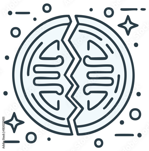 Fragmented circular digital icon depicting economic breakdown or technology failure concept