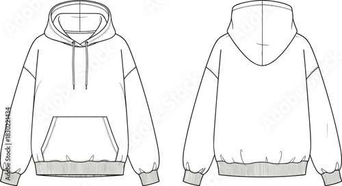 Hooded sweatshirt technical sketch, front and back view, kangaroo pocket, drawstring hood, cad drawing flat vector illustration