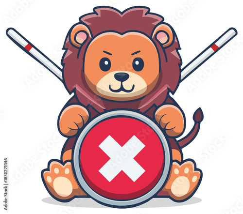 Cartoon Lion Character with Shield and Batons, Cute Animal Illustration