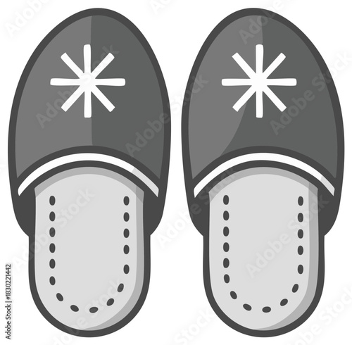 Grayscale vector icon of a pair of house slippers with a winter snowflake design
