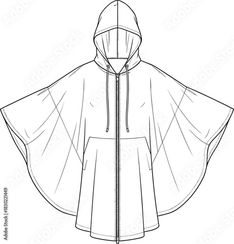 Hooded cape technical sketch, poncho style, front zipper, wide sleeve, outerwear design, cad drawing flat vector illustration