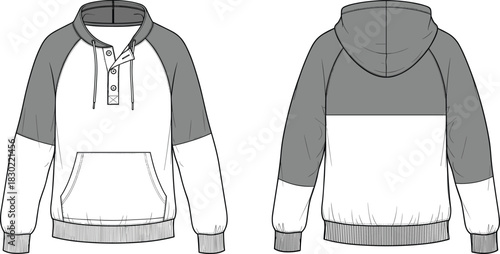 Hooded sweatshirt technical sketch, color block, kangaroo pocket, button placket, ribbed hem, cad drawing flat vector 