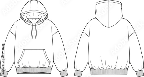 Hooded sweatshirt technical sketch, hoodie front and back, drawstring hood, kangaroo pocket, ribbed cuffs, apparel design, silhouette, CAD, vector, illustration