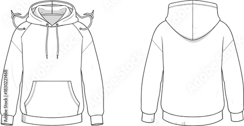 Hooded sweatshirt technical sketch, front and back view, kangaroo pocket, drawstrings, ribbed cuffs, cad drawing flat vector illustration