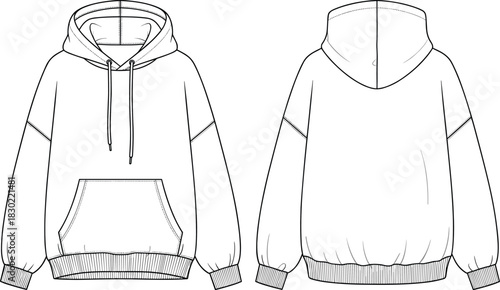 Hooded sweatshirt technical sketch, kangaroo pocket, ribbed cuffs, drawstring hood, casual wear, cad drawing flat vector illustration