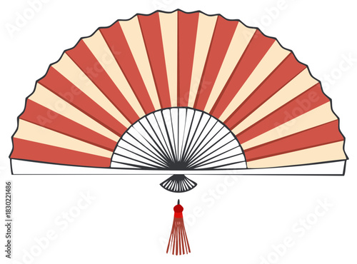 Elegant Traditional Asian Folding Hand Fan with Red and Beige Stripes and Decorative Tassel Design