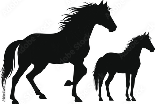 Horse silhouette vector set, dynamic and standing pose illustration, equine design concept, cad drawing flat vector artwork for nature themes