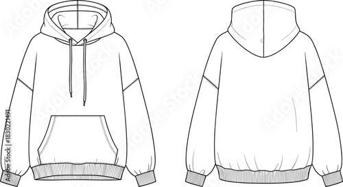 Hoodie technical sketch, drawstring hood, kangaroo pocket, ribbed cuffs and hem, fashion CAD, cad drawing flat vector illustration