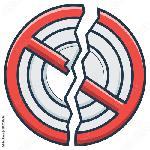 Broken prohibition sign with cracked concentric circles and red crossbar