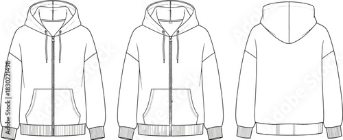 Hooded sweatshirt technical sketch, zip-up hoodie, fashion flat, garment design, drawstring hood, kangaroo pocket, apparel vector, silhouette, CAD, illustration