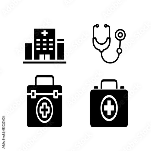Set of four black medical icons including a hospital building stethoscope and two first aid kits