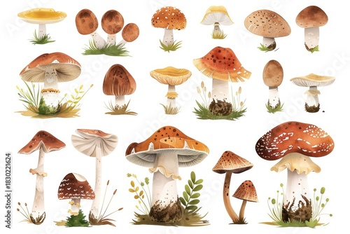 Flat illustration of Boletus edulis mushrooms in various artistic styles  