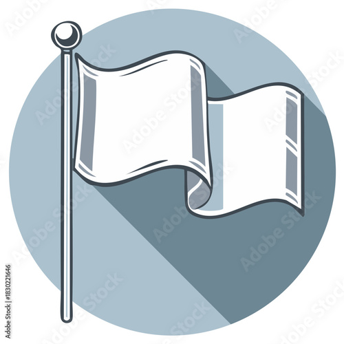 Waving white flag illustration on a flagpole, a flat design icon symbolizing peace or surrender