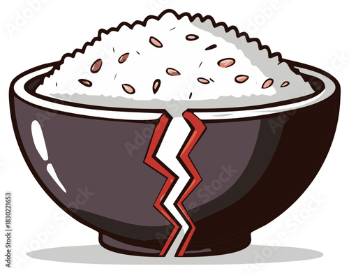 Vector Illustration of a Cracked Rice Bowl Full of Grains Symbolizing Economic Crisis