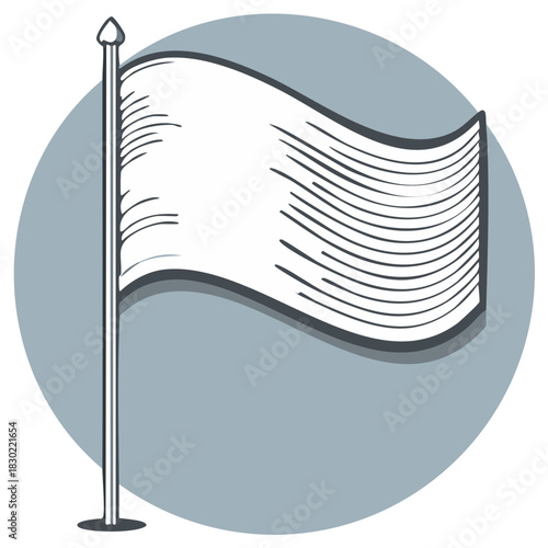 Hand drawn illustration of a white flag waving on a flagpole against a circular background