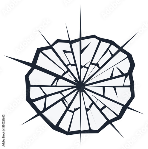 Abstract radial pattern of shattered glass with sharp, angular cracks radiating outwards