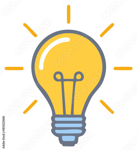 Bright cartoon lightbulb radiates idea light vector illustration icon, concept of solution creativity brainstorming and innovative thinking, innovation metaphor