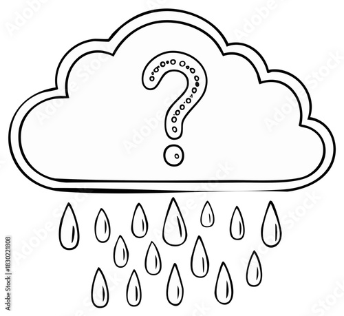 Hand drawn cloud with question mark and rain symbolizing weather uncertainty or unanswered problem