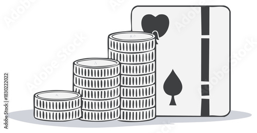 Casino Fortune Stacks of Coins with Playing Cards Heart and Spade Symbols