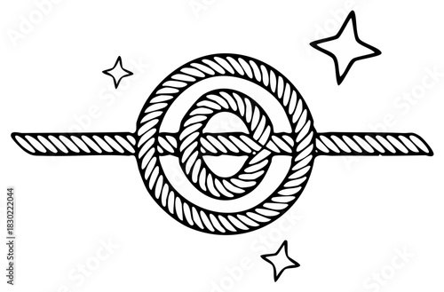 Simple nautical knot symbol intertwined with decorative stars and ropes in a hand drawn style