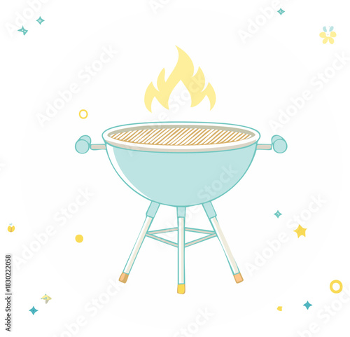 Stylized Blue Barbecue Grill with Yellow Flames for Summer Outdoor Cooking and Picnic