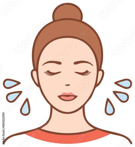 Cartoon of a woman with closed eyes and water droplets, isolated on white.