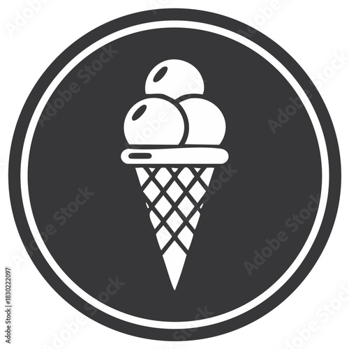 Ice cream cone icon with three scoops. Simple black and white vector symbol for dessert, summer, or a sweet shop.