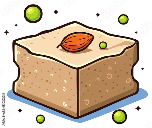 Sweet dessert block with almond and green accents in a delightful cartoon style