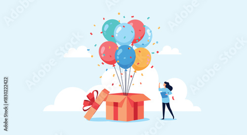 A person celebrating a special occasion with colorful balloons and confetti emerging from a surprise gift box.