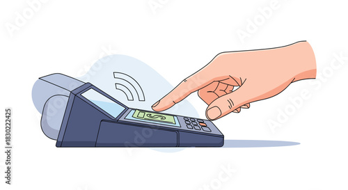 A person's hand interacts with a point-of-sale terminal, touching the screen to confirm a digital or contactless payment transaction.