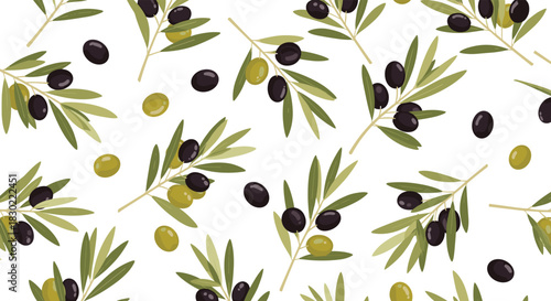 Elegant seamless pattern of olive tree branches with a mix of ripe black and vibrant green olives on a clean white background.