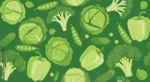 Seamless pattern of fresh green vegetables, including cabbage, broccoli, bell peppers, peas, and cucumbers, on a dark green background, promoting healthy eating.