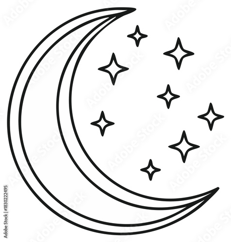 Crescent moon outlined surrounded by star shapes for celestial dream or magic drawing or sticker design element