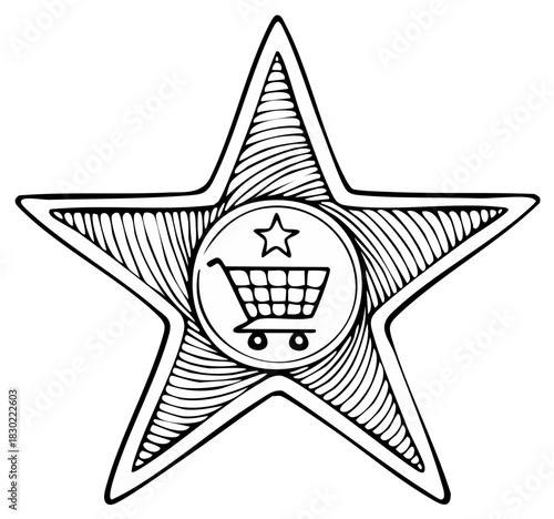Shopping cart inside star outline design with circle for a sale or promotion