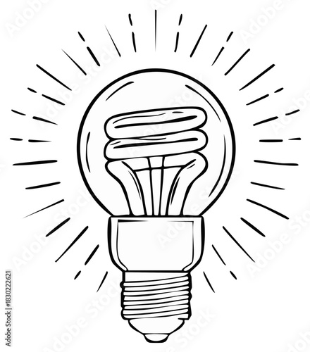 Modern energy efficient lightbulb shining with radiant lines doodle style drawing