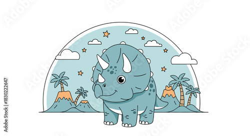 A cheerful cartoon light blue triceratops stands in a whimsical prehistoric landscape with palm trees, volcanoes, clouds, and stars.