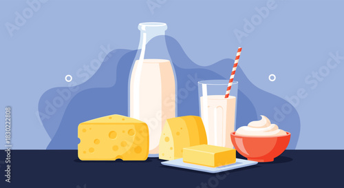 A vibrant illustration showcasing a delicious assortment of fresh dairy products like milk, cheese, butter, and cream.