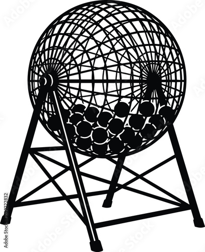 Silhouette of a revolving lottery drawing machine or bingo cage filled with numbered balls, illustrating chance, luck, gambling, and winning opportunities for games.