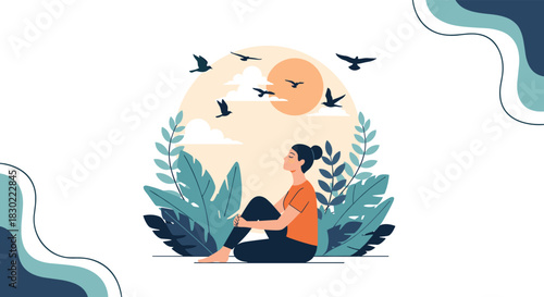 Peaceful young woman meditating outdoors, embracing wellness and serenity in a lush natural garden with birds soaring above.